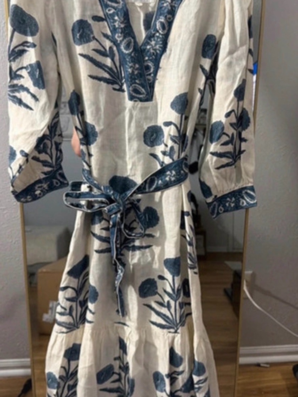 Maison Marigold Capri Maxi Dress XS Blue Floral 100% Linen Belted